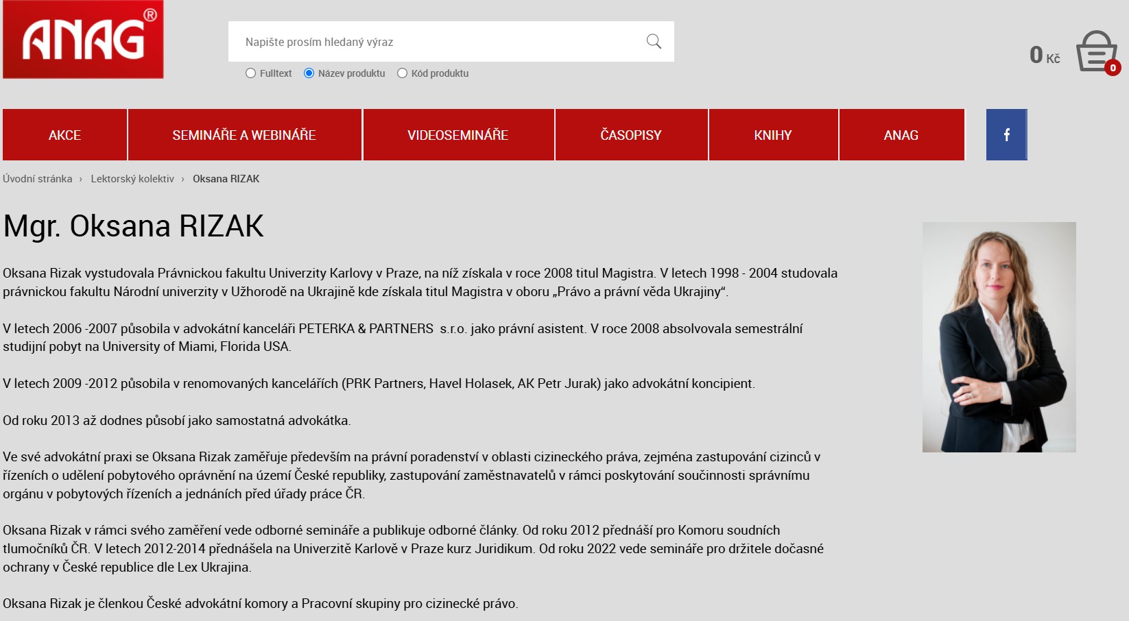 Oksana Rizak lecturer profile at ANAG — prestigious Czech publishing and education company
